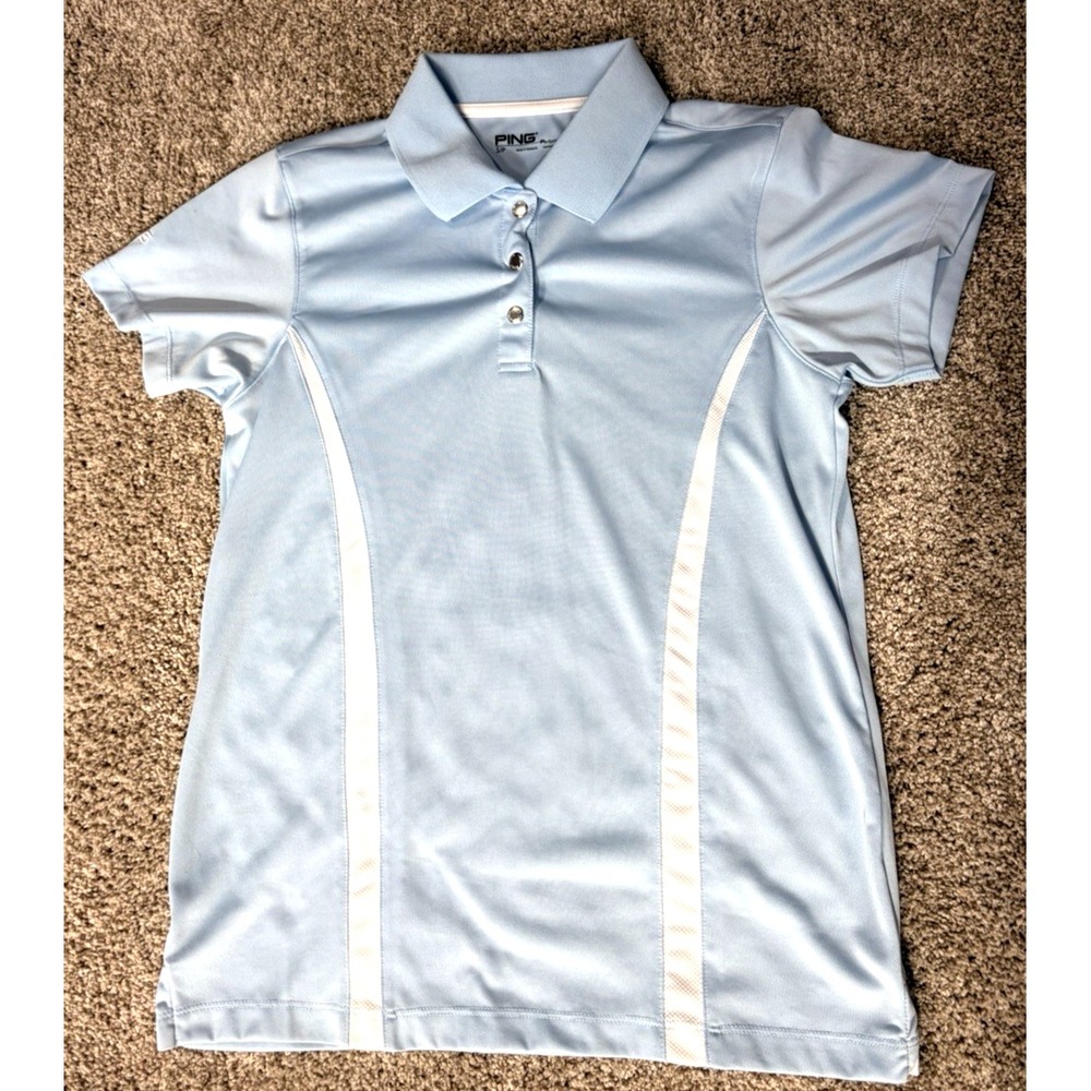 Women's Ping Golf Shirt, sky blue w/snaps SMALLP WHITE CURVED AT SIDES